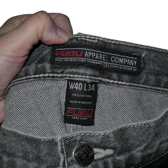 Vintage FUBU Cheja Carpenter Cargo Jeans Wide Leg Dark Gray Distressed Frayed 40 - Picture 7 of 9